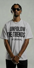 Men’s Grey Tee with Black Text – “Be Original, Unfollow the Trend”