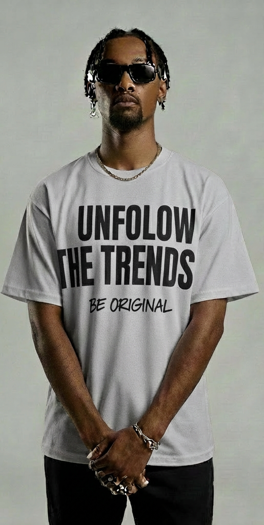 Men’s Grey Tee with Black Text – “Be Original, Unfollow the Trend”