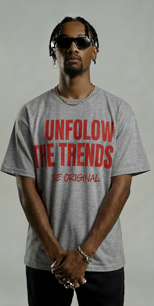 Men’s Grey Tee with Red Print – “Be Original, Unfollow the Trend”