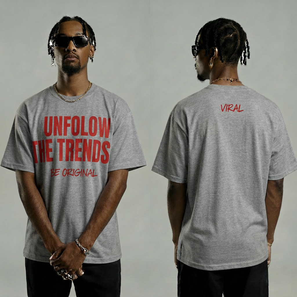 Unfollow The Trend Tee - Grey shirt, Red text