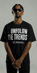 Men’s Black Tee with White Print – “Be Original, Unfollow the Trend”