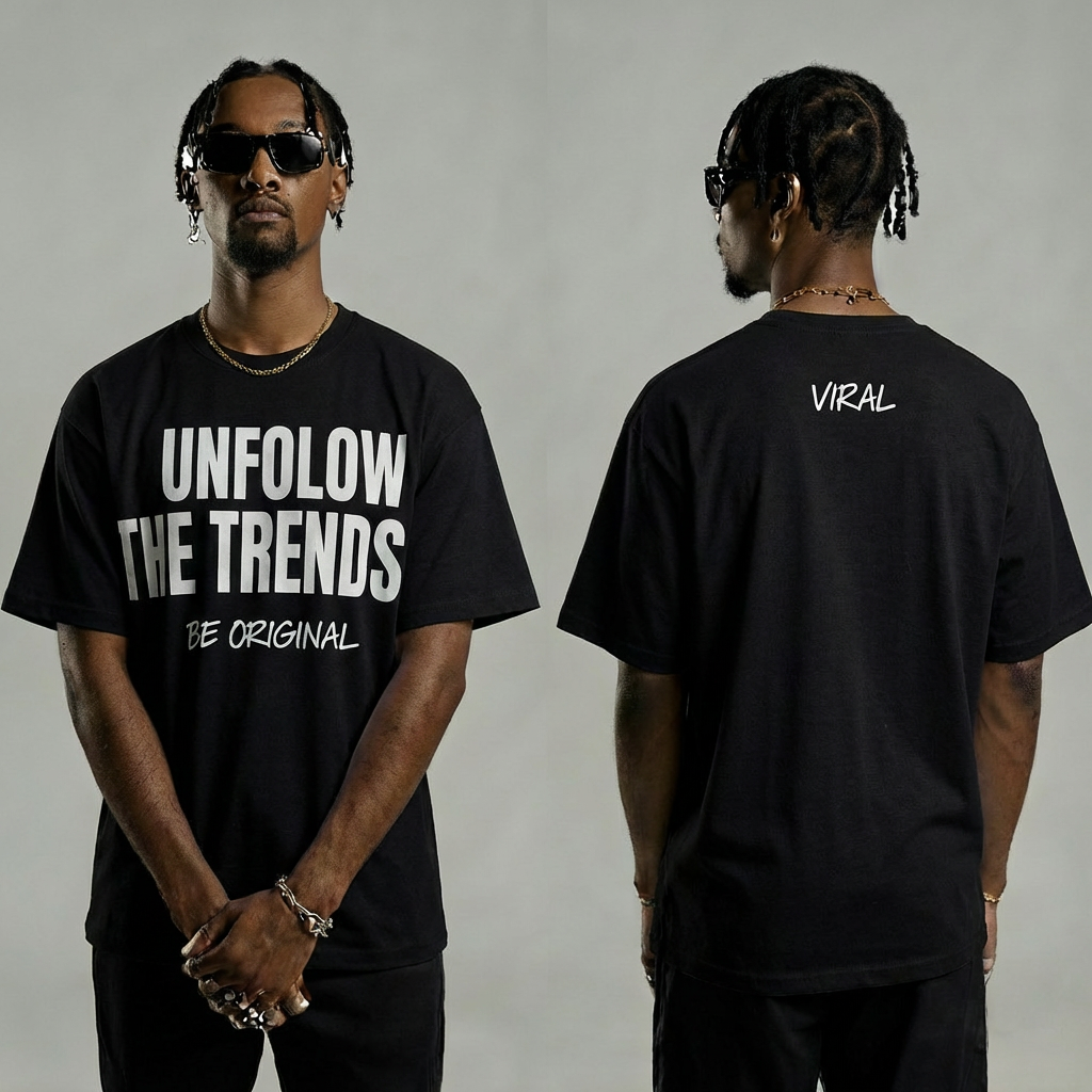 Unfollow The Trend Tee - Black shirt, White text