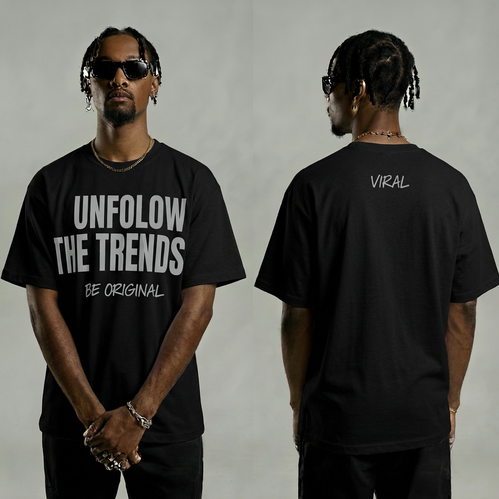 Unfollow The Trend Tee - Black shirt, Grey text
