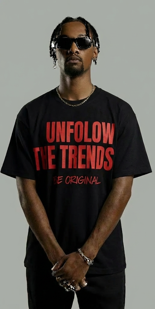 Men’s Black Tee with Red Print – “Be Original, Unfollow the Trend”