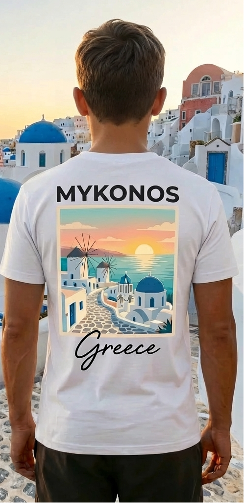 Mykonos Greece Shirt – Minimal Front Logo Back Print
