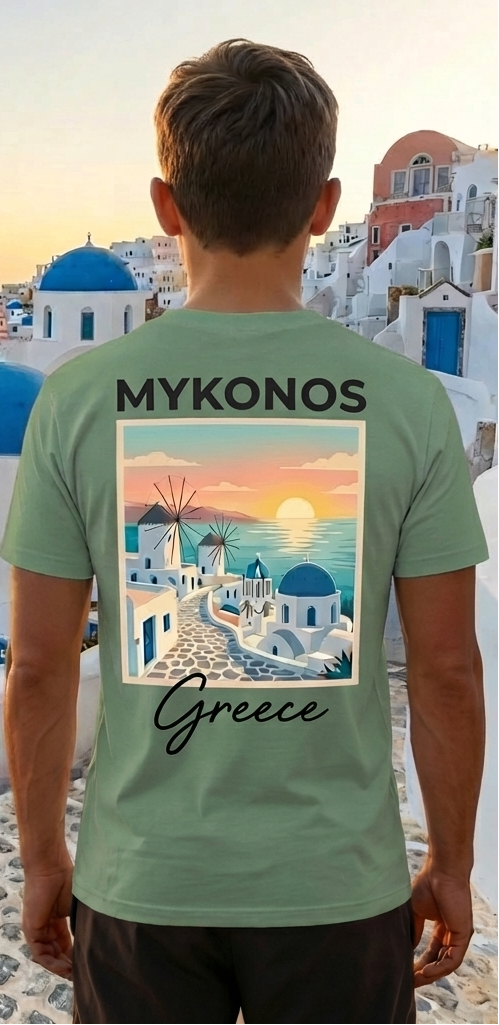 Mykonos Green Greece Shirt – Minimal Front Logo Back Print