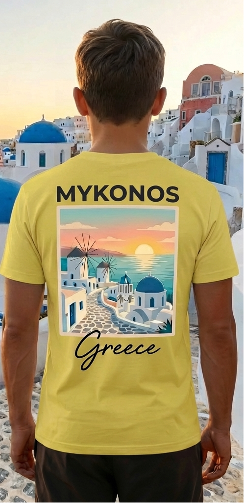 Mykonos Yellow Greece Shirt – Minimal Front Logo Back Print