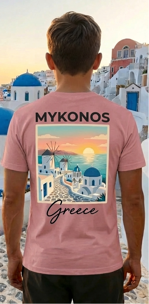 Mykonos Pink Greece Shirt – Minimal Front Logo Back Print