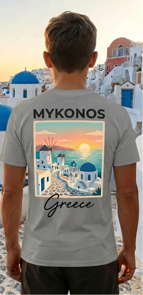 Mykonos Grey Greece Shirt – Minimal Front Logo Back Print