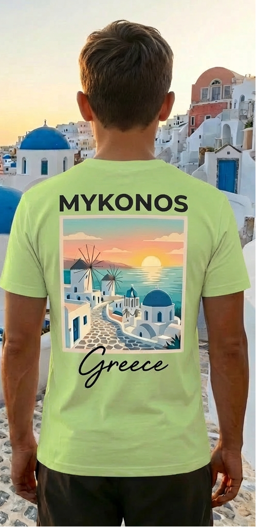 Mykonos Light Green Greece Shirt – Minimal Front Logo Back Print