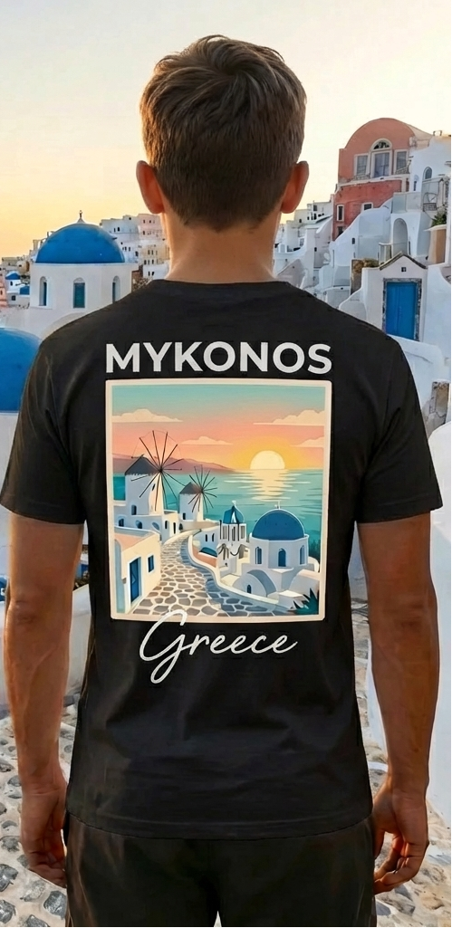 Mykonos Black Greece Shirt – Minimal Front Logo Back Print