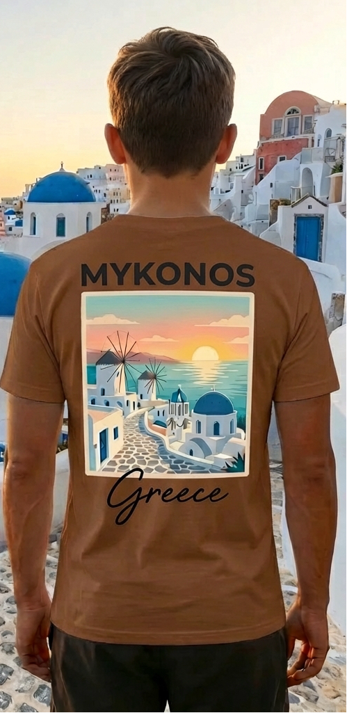 Mykonos Brown Greece Shirt – Minimal Front Logo Back Print