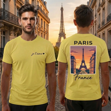 Paris Eiffel Tower Yellow Shirt – France Vacation Graphic Tee for Men