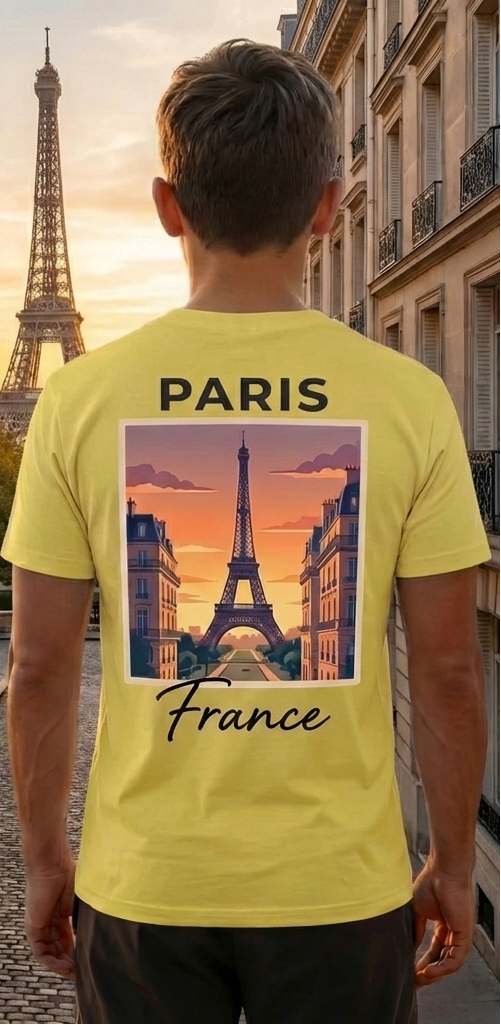 Paris Eiffel Tower Yellow Shirt – France Vacation Graphic Tee for Men
