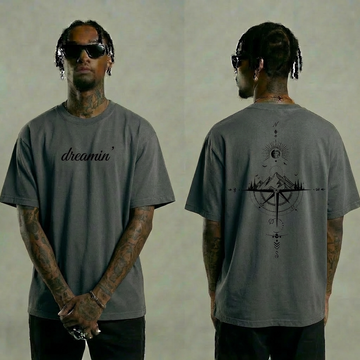 Dreamin’ Mountain Compass Graphic T-Shirt – Grey Streetwear Tee