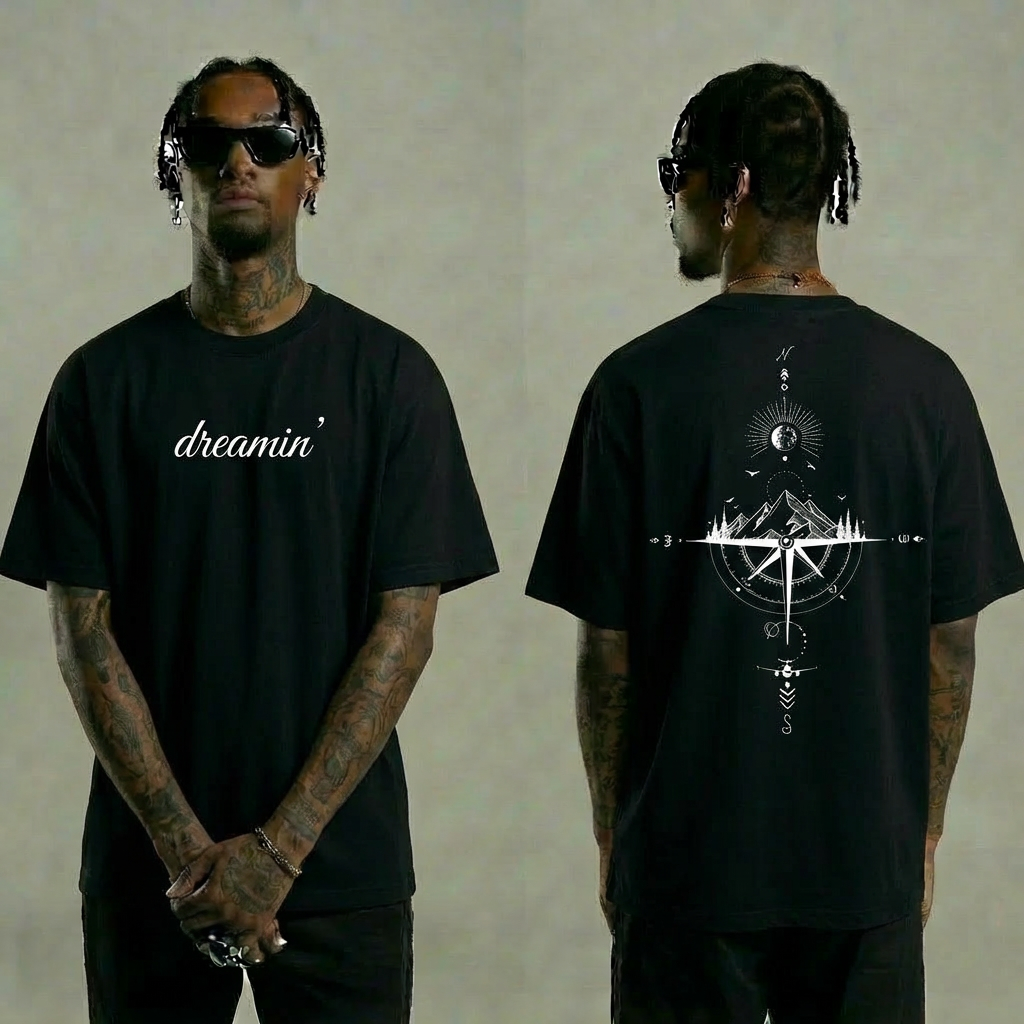 Dreamin' Mountain Compass Graphic T-Shirt - Black