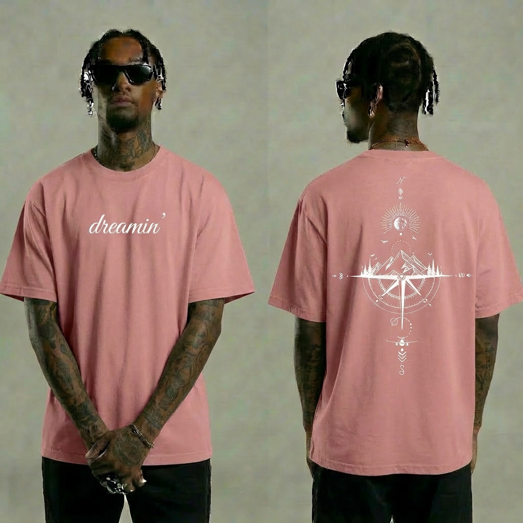 Dreamin' Mountain Compass Graphic T-Shirt - Pink