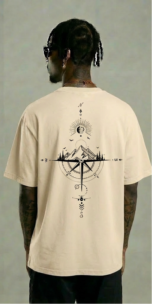 Dreamin’ Mountain Compass Graphic T-Shirt – Beige Streetwear Tee