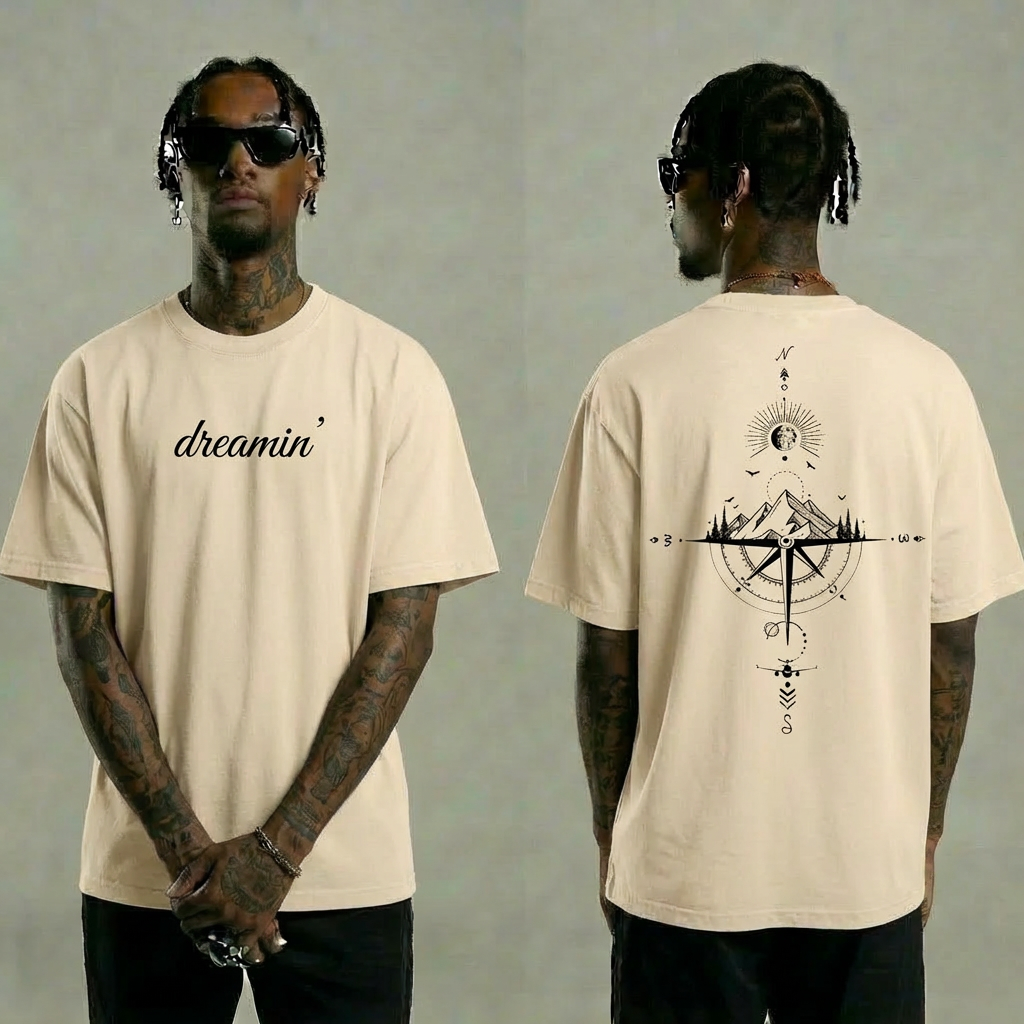 Dreamin' Mountain Compass Graphic T-Shirt - Beige