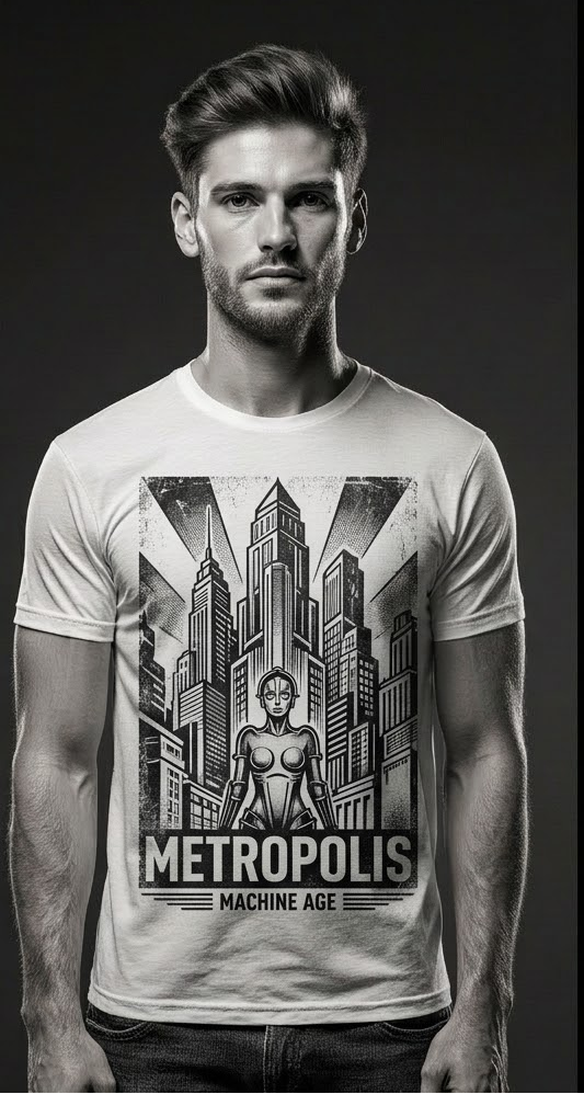 Men’s Metropolis Graphic T-Shirt – Retro Futuristic Machine Age Sci-Fi Tee Streetwear