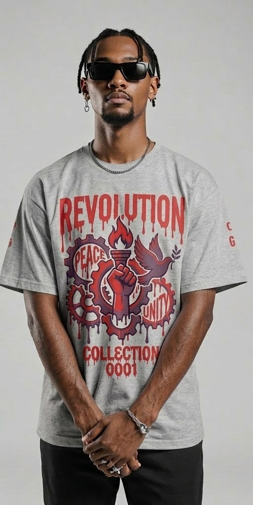 Revolution Graphic Gray T-Shirt – Urban Streetwear Unity Peace Tee