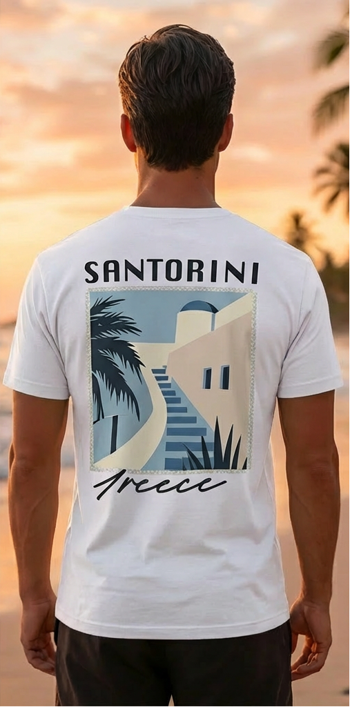Greek Santorini White T-Shirt – Summer Travel Graphic Tee for Men