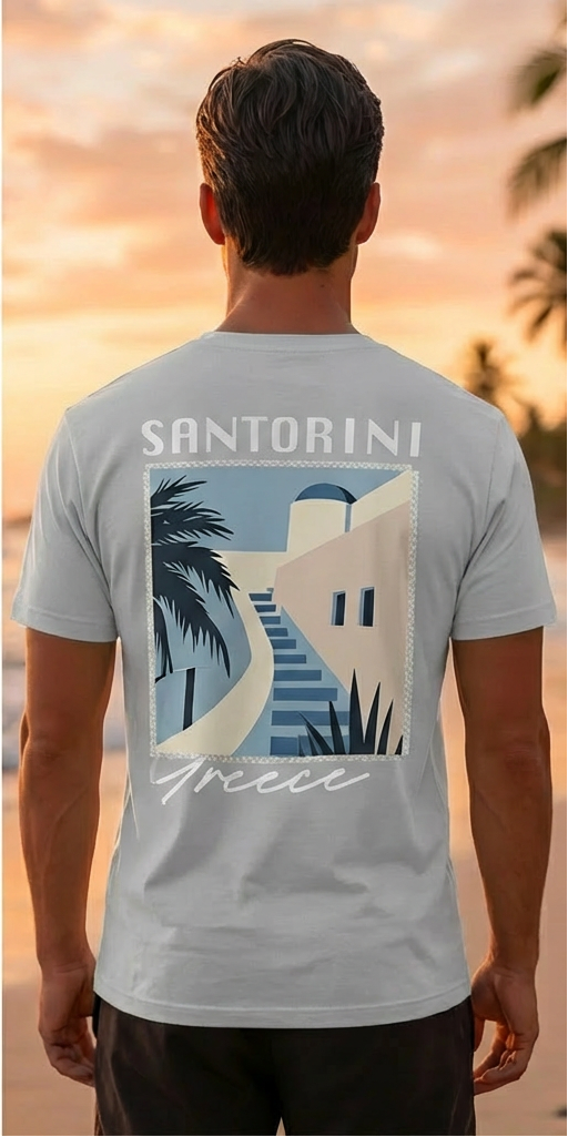 Greek Santorini Grey T-Shirt – Summer Travel Graphic Tee for Men