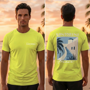 Greek Santorini Yellow T-Shirt – Summer Travel Graphic Tee for Men