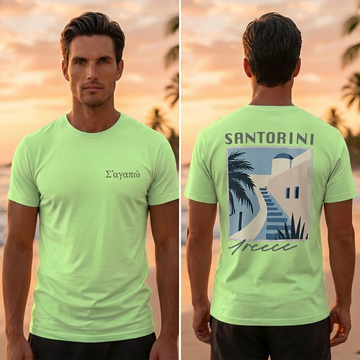 Greek Santorini Light Green T-Shirt – Summer Travel Graphic Tee for Men