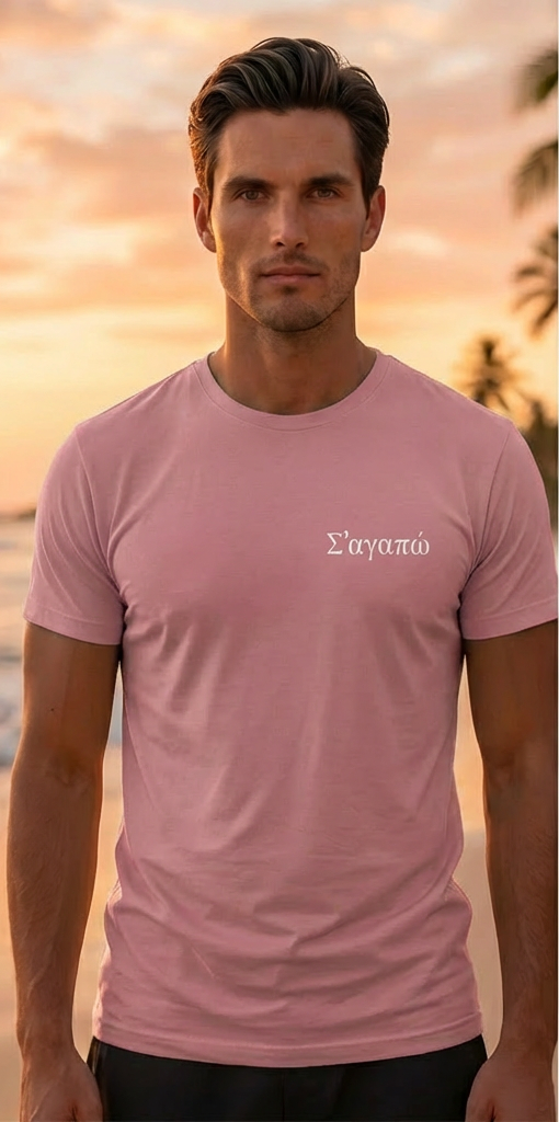 Greek Santorini Pink T-Shirt – Summer Travel Graphic Tee for Men